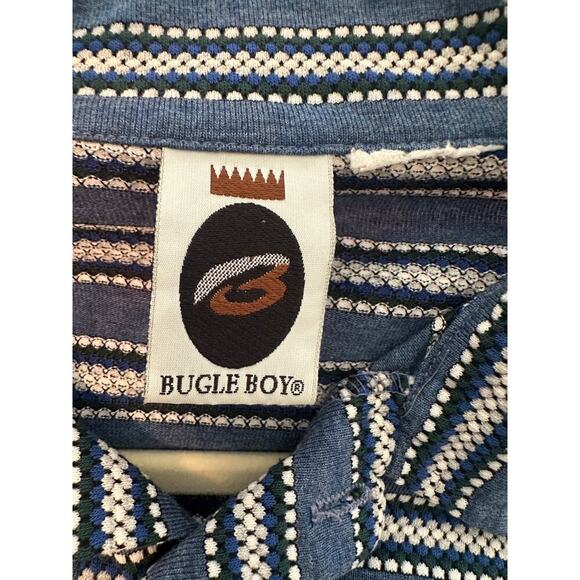 Vintage Bugle Boy Polo Shirt Blue Stripe Textured Knit Size L 90s Y2K Retro - Picture 3 of 3